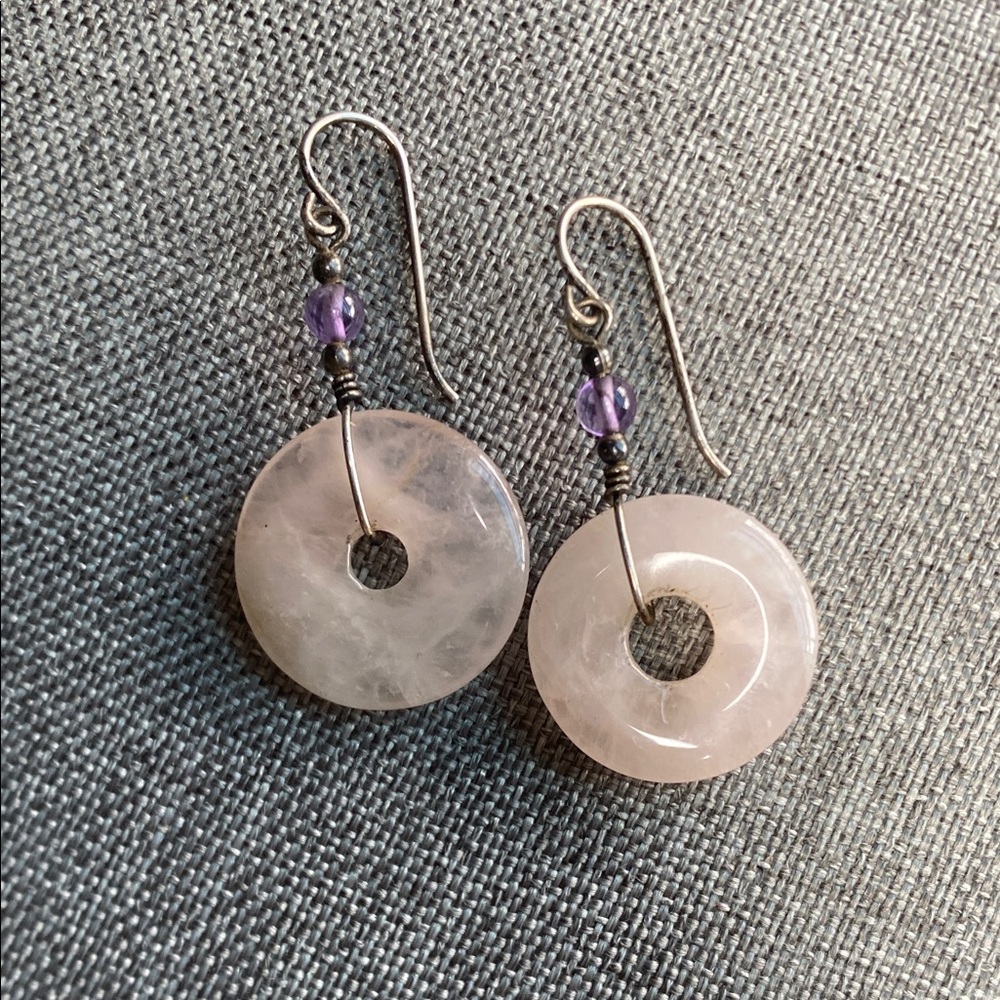 Rose Quartz Donut Drop Earrings with Amethyst Bead – Handmade Gemstone Earrings